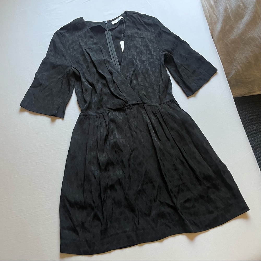 NWT SANDRO PARIS black satin surplice neck short sleeve mini dress
